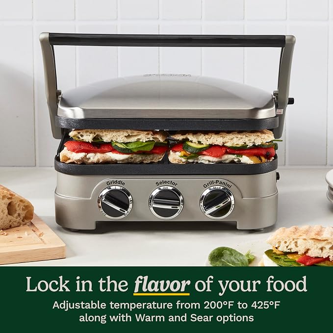 Cuisinart Panini Press and Grill, 1500W 5-in-1 Griddler, Dishwasher-Safe | Panini press, sandwich maker & indoor grill with reversible nonstick plates & dual heat control, GR-4NNAS
