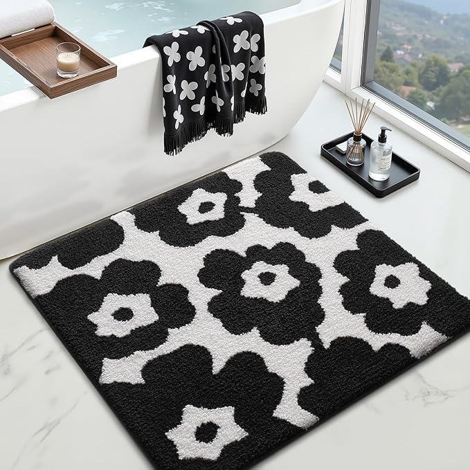 LUMI Floral Bathroom Rugs, Soft Absorbent Square Bath Mat, Non-Slip Quick Dry Luxury Rug, Flower Black White Mats for Shower Floor, Bathtub, Home Decor, Modern Aesthetic, 32"x32"