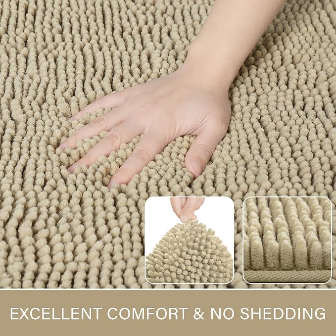 LOCHAS Luxury Bathroom Rug Shaggy Bath Mat 24 x 70 Inch, Beige | Washable Non Slip Bath Rugs for Bathroom Shower, Soft Plush Chenille Absorbent Carpets