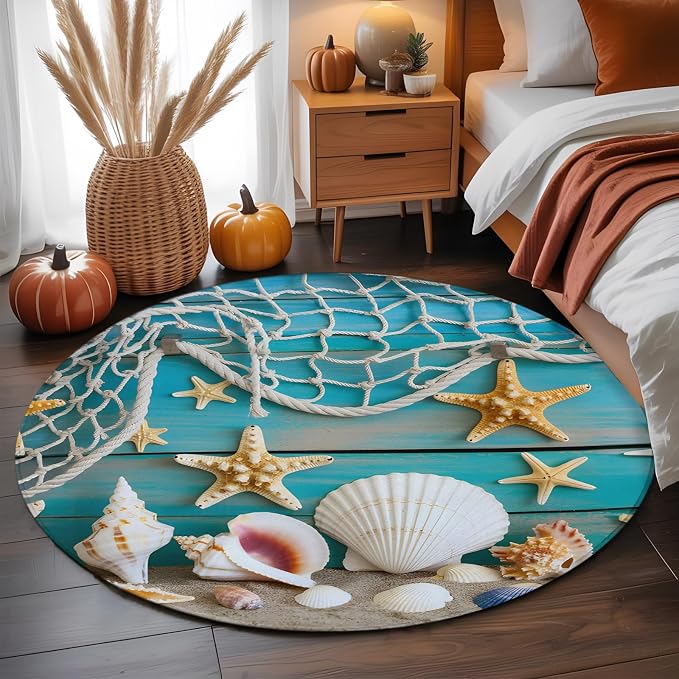 4 Ft Round Rug for Home Office, Beach Starfish Indoor Accent Rugs for Living Room, Ocean Conch Fishing Net Blue Wood Grain Decorative Circle Carpet Washable Low Pile Non Slip, Soft Rug for Bedroom