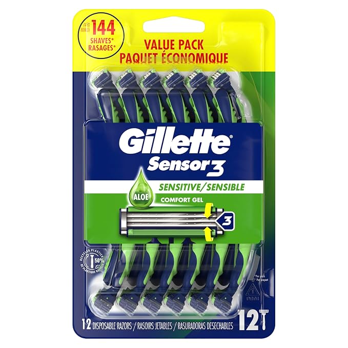 Gillette Sensor3 Sensitive Men's Disposable Razor, 12 Razors (Pack of 6)