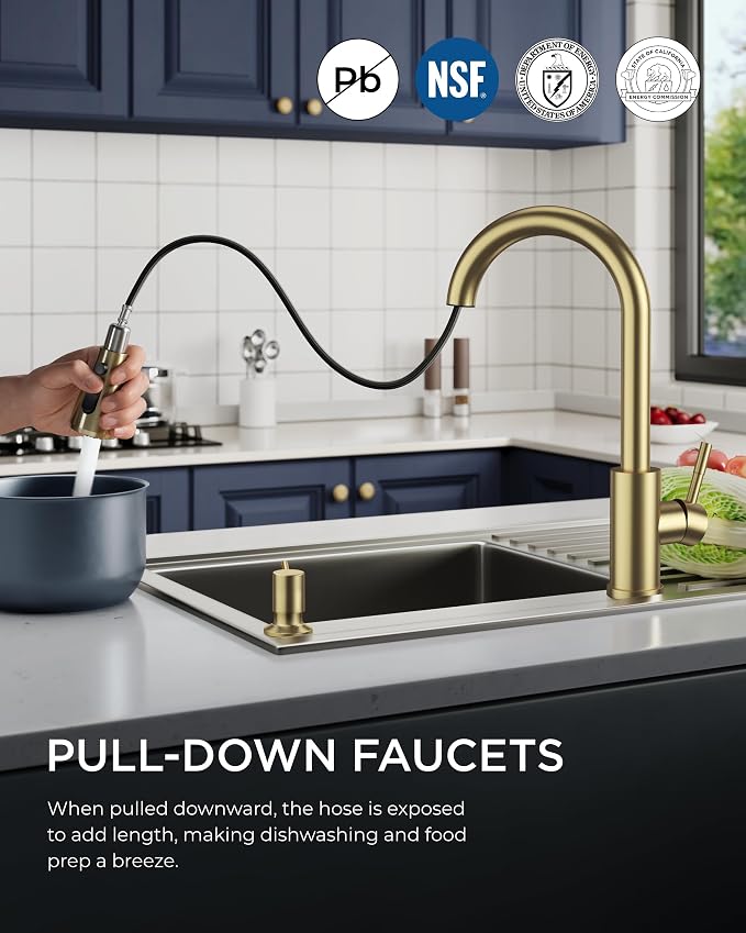 FORIOUS Gold Kitchen Faucet with Soap Dispenser, Single Handle Stainless Steel Transitional Sink Faucet with Pull Down Sprayer 1 or 3 Hole, Suitable for Farmhouse Laundry Camper RV Bar