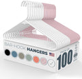 Plastic Hangers 100 Pack – Made in The USA – 6lb Capacity Standard Clothes Hangers with Strap Hooks for Dresses, Lingerie, Shirts, Pants, and Jackets – White & Pink