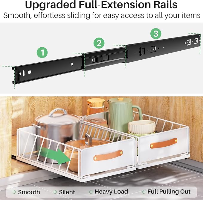 4Pack Pull out Cabinet Organizer,Heavy Duty Slide out Pantry Shelves Drawer Storage with Adhesive Nano Film,Sliding Mesh Basket with Handle for Kitchen, Bathroom, Home, 11.8W" X 15.7"D X 6.2"H,White