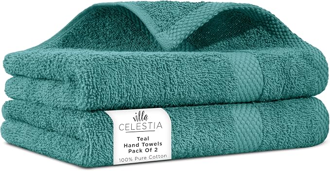 Villa Celestia Cotton Hand Towels Set of 2, 16 x 28, Oeko-TEX Certified, Quick Dry, Teal