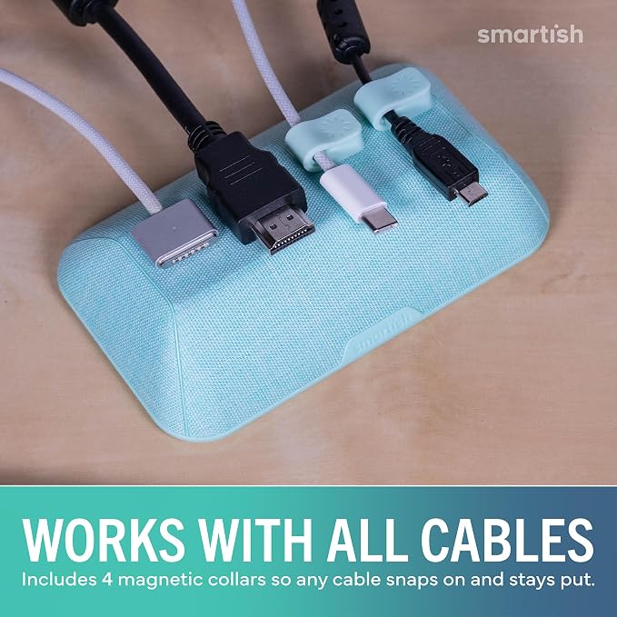 Smartish® Magnetic Cord Holder - Bigger Cable Wrangler Organizer with Magnet Clips for Charger Management on Desktop, Nightstand - Holds 6+ Cables - Teal Me More