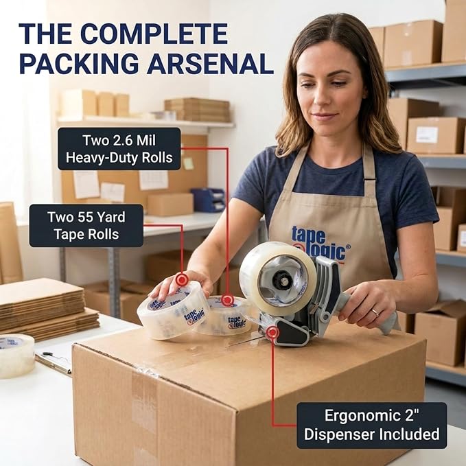 Tape Logic Packing Tape 2-Rolls & Dispenser, 2" x 55 yd 2.6 Mil - Heavy Duty Clear Packaging Tape Roll for Shipping, Moving, Order Fulfillment