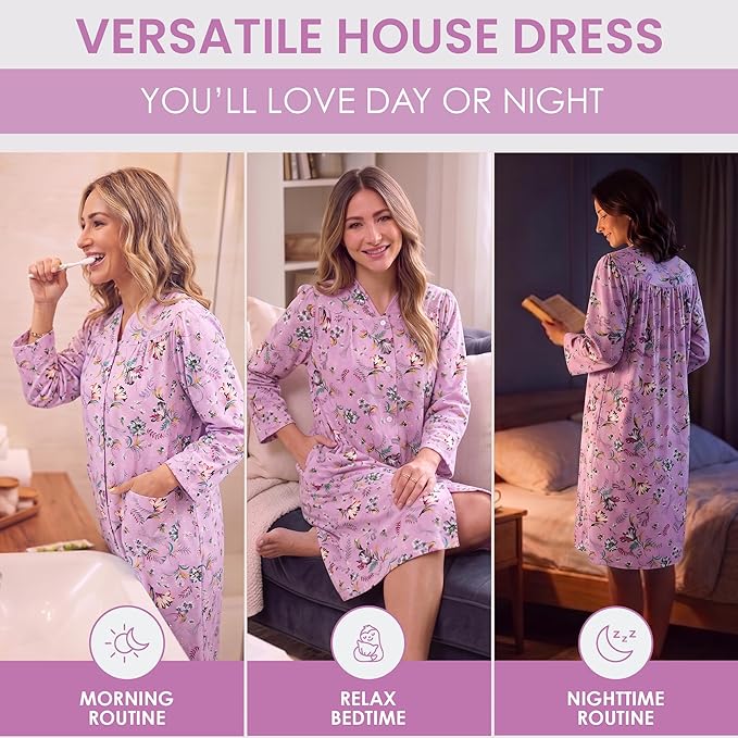 Casual Nights Women's Floral Snap Front Flannel Duster Long Sleeve Lounger Dress