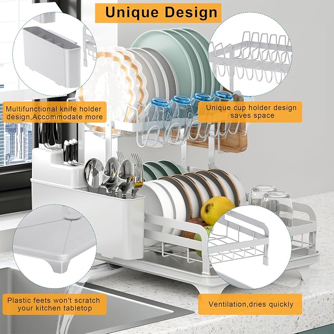 2 Tier Dish Drying Rack without Installation Metal for Kitchen Counter | for 1-3 People with Drain Board Multifunctional Storage and Drainage Apartment Essentials
