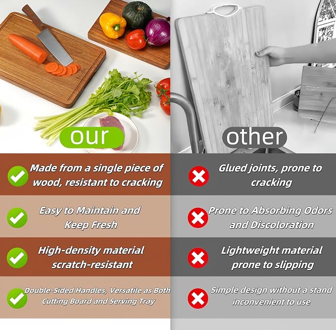 Solid Teak Wood Cutting Board Set One Piece Non Glued Large Thick Crack Resistant Wooden Chopping Board with DeepJuice Grooves Built in Handles for Kitchen Meat Bread 15x10.2IN &11.8 * 7.9IN