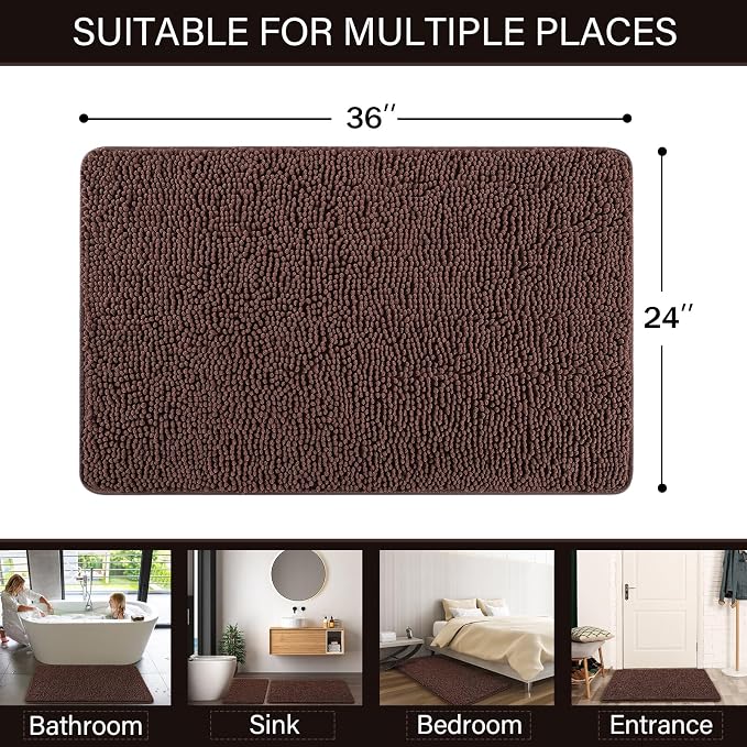 LOCHAS Luxury Bathroom Rug Shaggy Bath Mat 24 x 36 Inch, Brown | Washable Non Slip Bath Rugs for Bathroom Shower, Soft Plush Chenille Absorbent Carpets