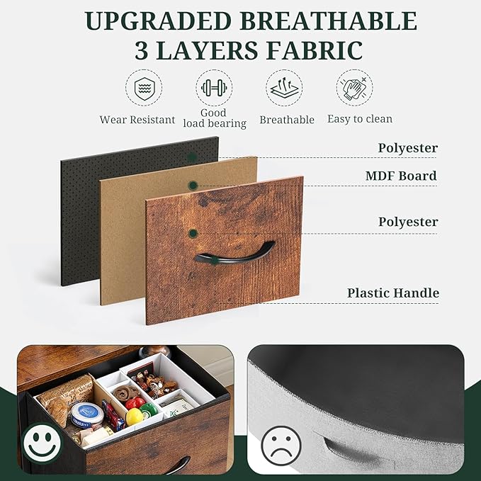 9-Drawer Dresser for Bedroom, Anti-Tip Tall Storage Organizer Chest of Drawers with Wooden Top and Metal Frame Fabric Bins for Closet, Living Room, Hallway, Entryway, Brown