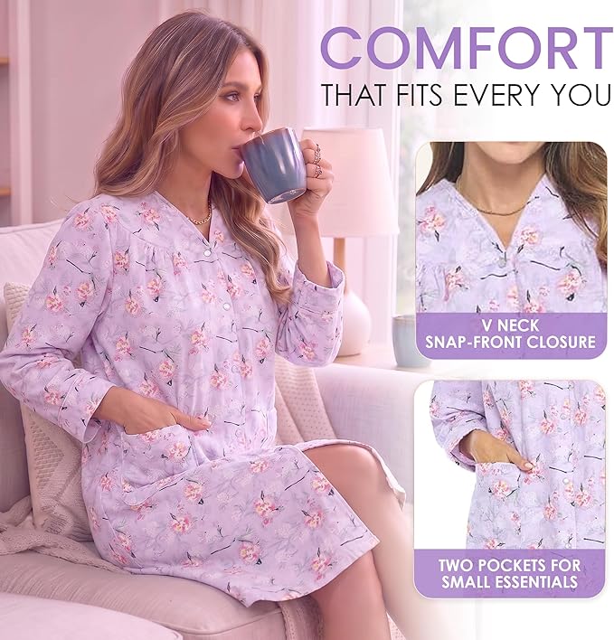 Casual Nights Women's Floral Snap Front Flannel Duster Long Sleeve Lounger Dress