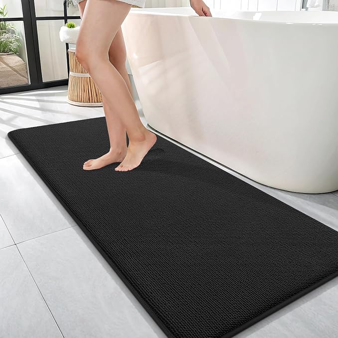 OLANLY Memory Foam Bathroom Runner Rugs 47x17, Absorbent Long Mat, Black | Soft Quick Dry Bath Mat Rugs, Non-Slip, Machine Washable Mat for Bathroom Floor, Tub and Shower, Home Decor Accessories