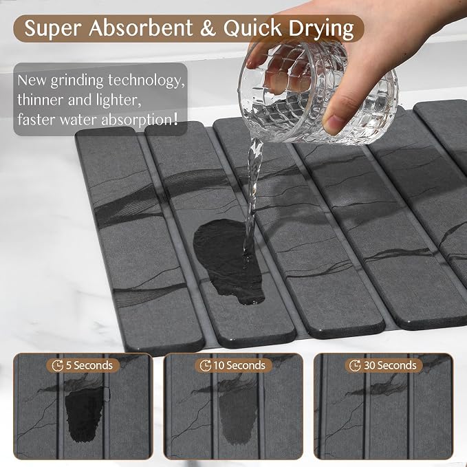 Large Stone Dish Drying Mat for Kitchen Counter, Thin & Light Quick Dry Stone Dishes Mats, Foldable Water Absorbing Diatomite Drying Pad for Kitchen Bathroom Sink Countertop (Gray Ink 24"×16" & 8"x4")