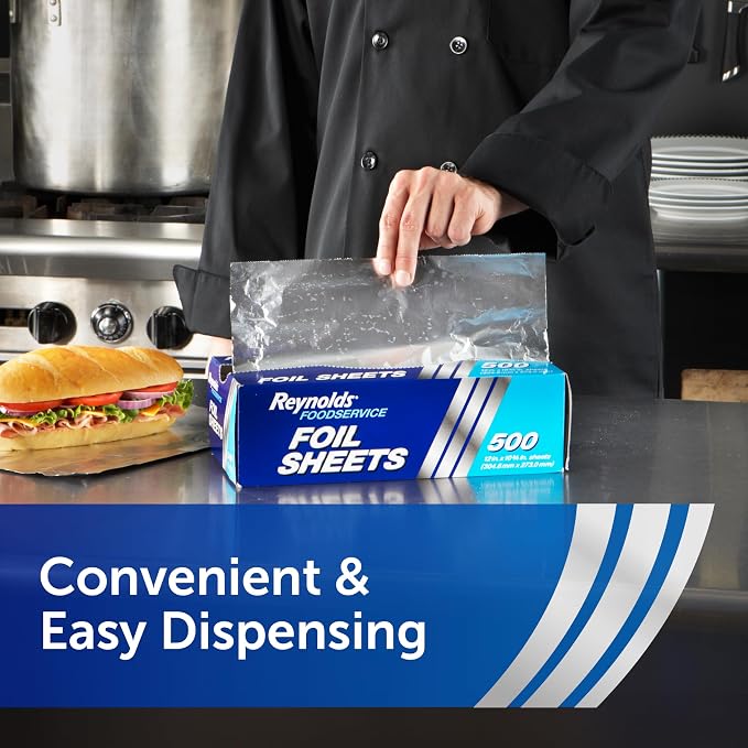 Reynolds Foodservice Pre-Cut Aluminum Foil Sheets,Great for Concessions,Catering,Cafeterias,and Restaurants,Easily Moldable Around Food,12 x 10.75 Inches,500 Ct.,(Pack of 6)
