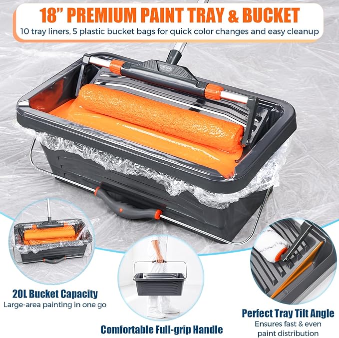 36pcs 12"-18" Adjustable Large Paint Roller Kit: Bucket Tray Liners, 1-5Ft Aluminum Extension Poles, Brush & Roller Cleaner, 18" Nylon Covers for Wall,Ceiling,Floor,Interior,Exterior Painting