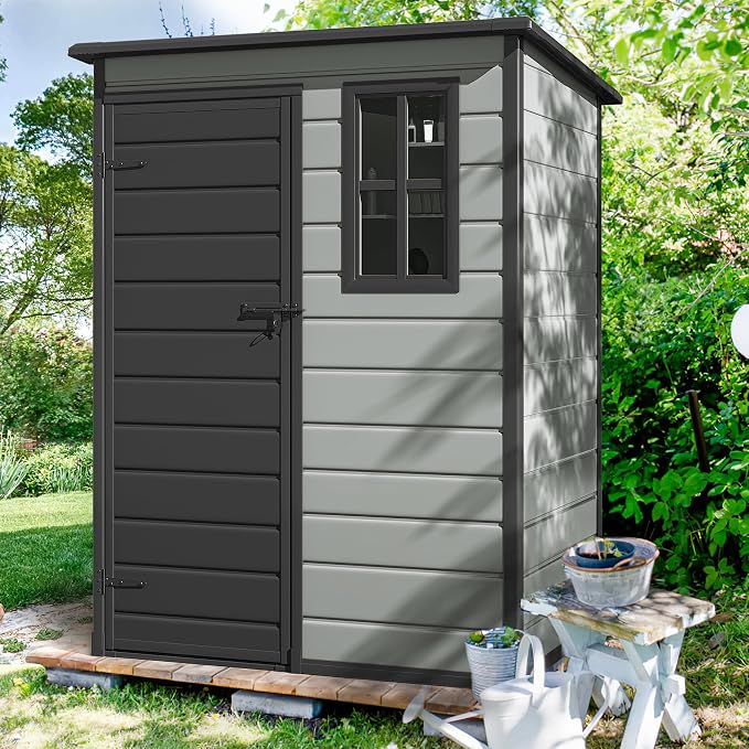 DWVO 5x3 FT Outdoor Storage Shed with Reinforced Floor, All-Weather Resin Storage Shed with Lockable Door & Window, Waterproof Plastic Tool Shed for Garden, Backyard, Patio, Lawn,Blue-Gray+Black