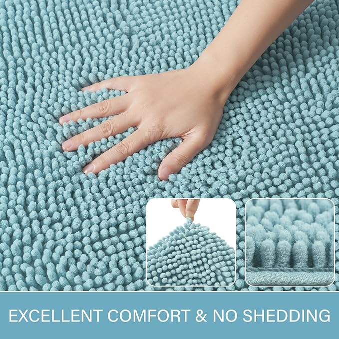 LOCHAS Luxury Bathroom Rug Shaggy Bath Mat 24 x 60 Inch, Spa Blue | Washable Non Slip Bath Rugs for Bathroom Shower, Soft Plush Chenille Absorbent Carpets