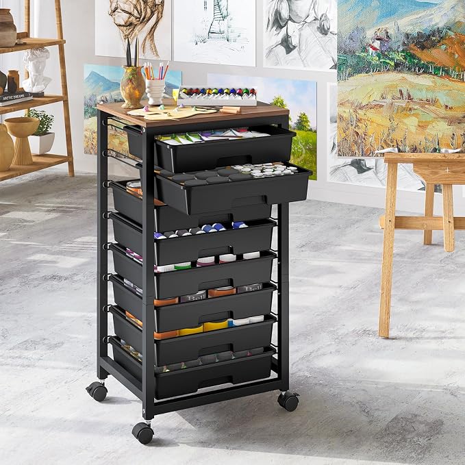 SYKIARIOL Rolling Storage Cart with Drawers,Utility Cart With 8 Drawers and Wooden Tabletop,Rolling Drawer Cart,Storage Drawer Cart for Living Room,Classroom,Bedroom,Bathroom,Dorm,Office, Black