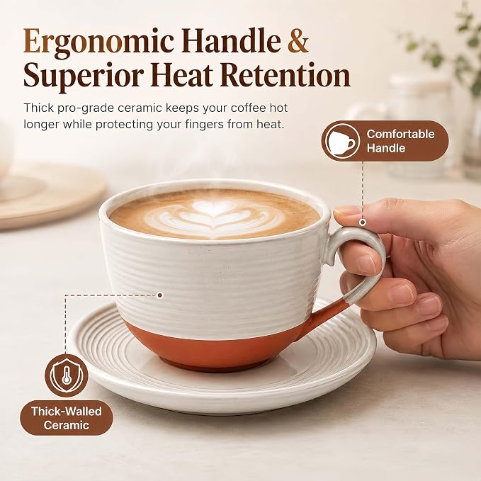 12 Oz Cappuccino Cups with Saucers, Coffee Cups Set of 4, Ceramic Tea Cup and Saucers, Wide Mouth Coffee Mugs for Latte Art, Cappuccino, Espresso & Cafe Drinks, Microwave Dishwasher Safe