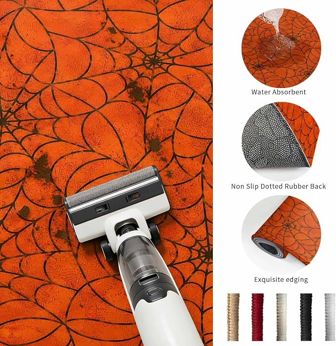 Round Area Rug 4', Orange Halloween Washable Area Rugs for Kitchen Bathroom Bedroom Office Dining Room, Black Spiders Net Classic Gingham Non Slip Door Mat Indoor Entrance Floor Throw Circle Carpet