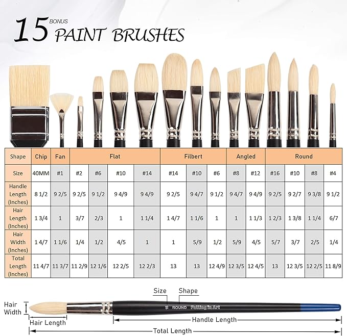 Falling in Art Oil Paint Brush Set, Natural Hog Bristle Paintbrush Set, 15PCS Long Handled Professional Paint Brushes for Acrylic Painting, Oil Paint Brushes with Bamboo Storage Pouch