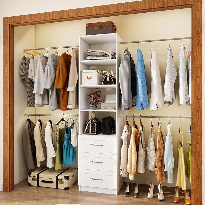 Closet System, 5FT-8FT Closet Organizer System with 3 Wooden Drawers, 99" Walk In Closet Organizer and Storage with 4 Expandable Hanging Rods, Wall Mount, White