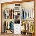 Closet System, 5FT-8FT Closet Organizer System with 3 Wooden Drawers, 99" Walk In Closet Organizer and Storage with 4 Expandable Hanging Rods, Wall Mount, White
