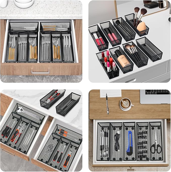 Neudeco Silverware Organizer, Black, 9 x 3 x 2 inch, Pack of 12 | Mesh Drawer Organizer, Metal Construction, For Kitchen Utensils & Flatware, Multi-Purpose Use