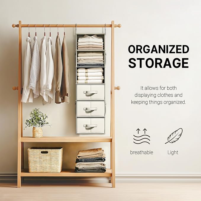 Vailando 6-Shelf Hanging Closet Organizer with 3 Drawers, 6-Shelf Inseparable Closet Organizers and Storage for Wardrobe Organization, Hanging Dresser for Nursury & Dorm Clothes Organizer, Beige