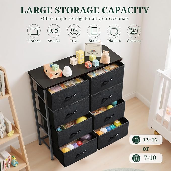 8-Drawer Dresser for Bedroom, Anti-Tip Tall Storage Organizer Chest of Drawers with Wooden Top and Metal Frame Fabric Bins for Closet, Living Room, Hallway, Entryway, Black
