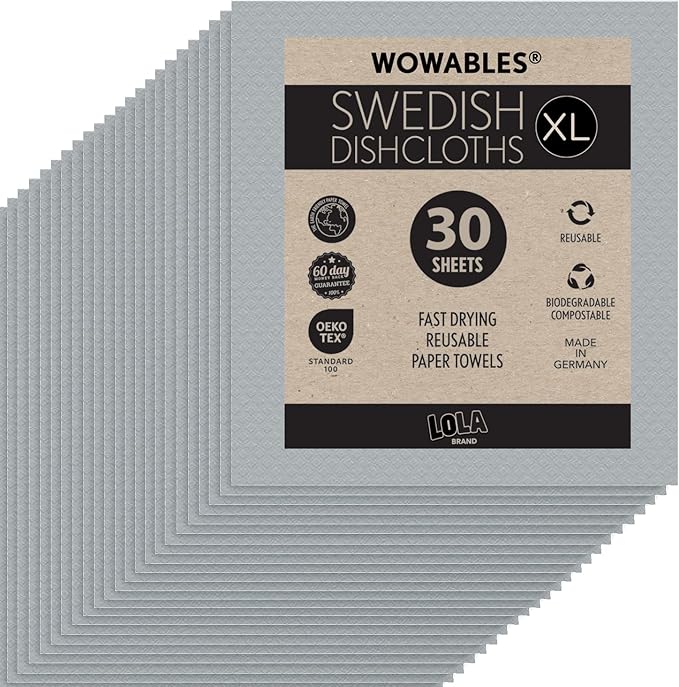 Swedish Dishcloths for Kitchen XL, 30 Sheet Roll, Biodegradable & Compostable, Reusable Paper Towel Cleaning Cloths, 11" x 10", No Odor, Washing Dishes, Ultra Absorbent Cellulose Sponge Towel, By LOLA