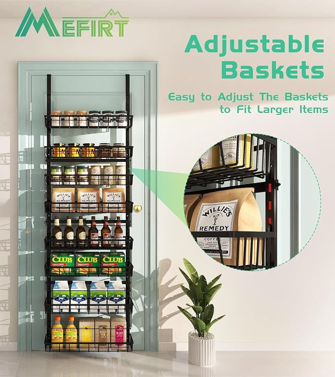 Mefirt Over The Door Pantry Organizer, Wall Mount Spice Rack, Pantry Hanging Storage and Organization, 8 Adjustable Baskets Heavy-Duty Metal for Home & Kitchen, Back of Door Seasoning Rack - Black