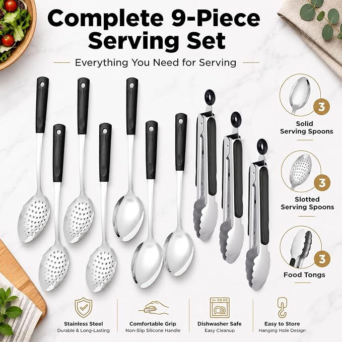 Buffet Serving Utensils Set, 9-Piece with Serving Spoons & Tongs | 3 serving spoons, 3 slotted spoons, and 3 tongs with heat-resistant silicone handles for buffet serving and entertaining.