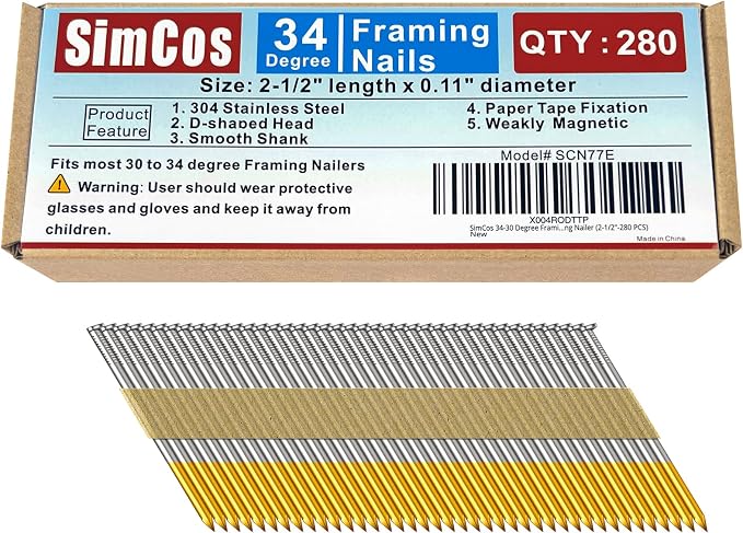 34-30 Degree Framing Nails 304 Stainless Steel D Head Smooth Shank Paper Tape Strip Nails for 30 to 34 degree Framing Nailer (2-1/2"-280 PCS)