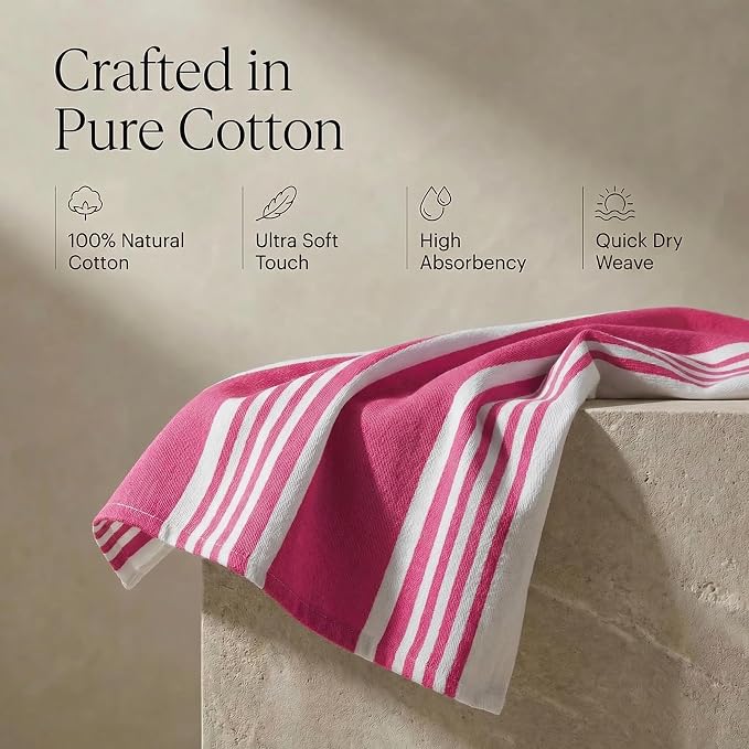 Urban Villa Kitchen Towels 100% Cotton Dish Towels for Kitchen(Set of 6)20”x30” Dish Cloths Highly Absorbent Kitchen Linen Set with Hanging Loop Perfect for Drying Dishes Cleaning Towels-Fuchsia White