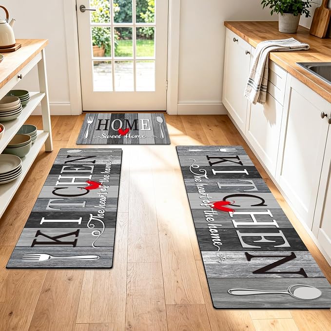 Kitchen Rugs Set 3 Piece, Non Slip Kitchen Mats for Floor, Soft Fabric with Rubber Backing, Farmhouse Anti Fatigue Runners Carpet for Home Kitchen Laundry Room Hallway (Rustic Grey & Black)
