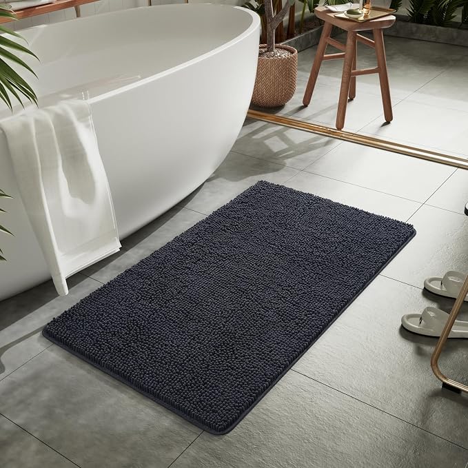 LOCHAS Luxury Bathroom Rug Shaggy Bath Mat 24 x 44 Inch, Dark Grey | Washable Non Slip Bath Rugs for Bathroom Shower, Soft Plush Chenille Absorbent Carpets