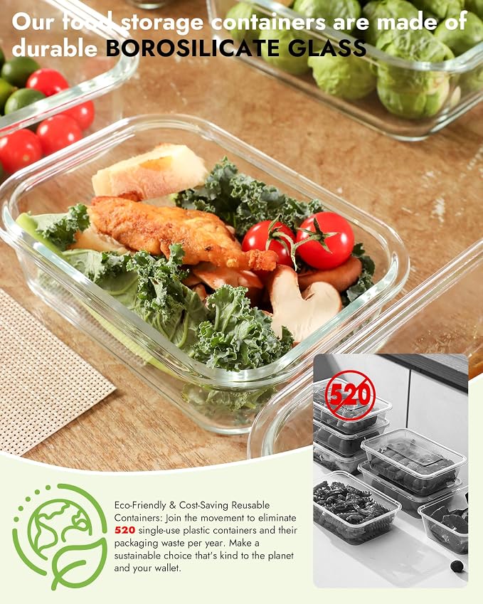 12-Pack Glass Containers with Tempered Lids – Borosilicate, Oven-Safe(-4°F~950°F), Airtight, BPA-Free, Multi-Size for Meal Prep, Dishwasher Safe, 1.6 cups to 6.4 cups (Blue)
