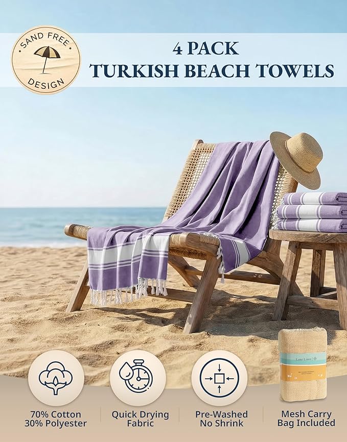 LANE LINEN Beach Towels 4 Pack Oversized, Turkish Towel Set - Regal Orchid | Pre-Washed Oversized Beach Towel - 39"x71", Vacation Essential - Machine Washable, Travel & Camping - Super Absorbent, Soft