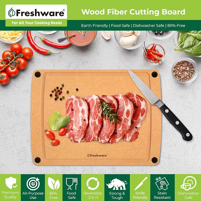Freshware Wood Cutting Board for Kitchen, Juice Groove, Non-Slip Silicone Feet, Dishwasher Safe, Large, 15" x 11.25", Natural