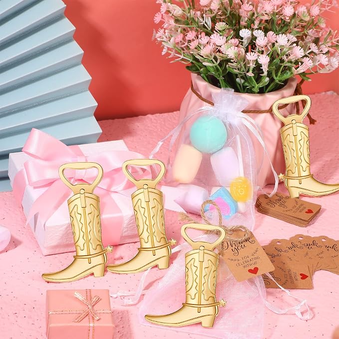 251 Pcs Cowboy Boot Bottle Opener Set Cowgirl Western Derby Wedding Party Favor Includes Cowboy Beer Bottle Opener Organza Bag Thank You Tag and Jute Rope for Guest Wedding Party Baby Shower