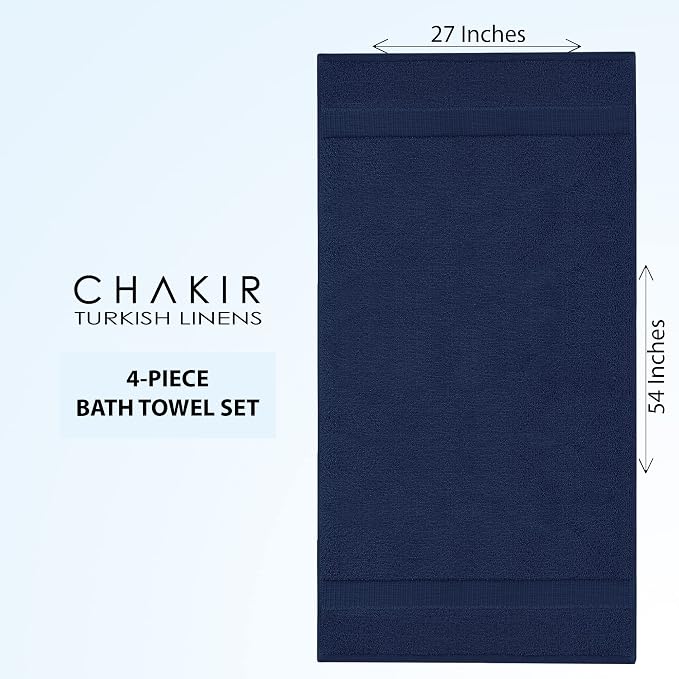 Chakir Turkish Linens 4 Piece Large Bath Towels, 100% Cotton Turkish Towels for Bathroom, Luxury Soft Absorbent Bath Towel Set, 27 x 54 Inches, Navy