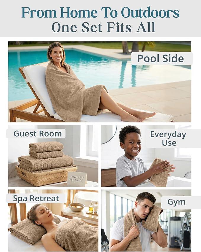 Casa Platino Large Bath Towel Set Absorbent Quick Dry 100% Cotton - Beige | Cotton Bath Towels - Fade-Resistant Color, Classic Terry Weave, Densely Woven, Coordinated Colors, Dobby Border Accent