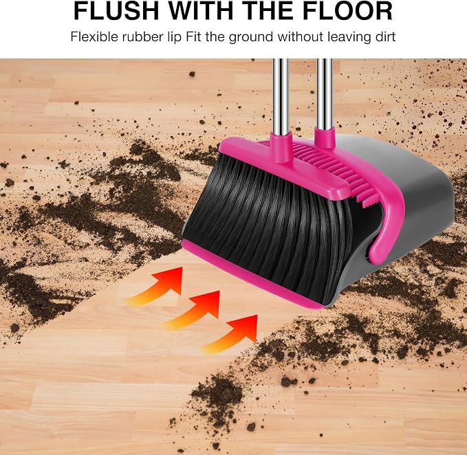 NACENA Broom and Dustpan Set, 52-in Long Adjustable Handle Broom Dustpan Combo with Dust pan Teeth to Automatically Clean Hair Suitable for Home Kitchen Office Hall Floor (Grey&Rose), 2 Pack