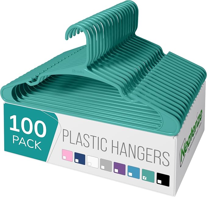 NEATERIZE Clothes Hangers Plastic 100 Pack for Adults - Plastic Hangers, The Perfect Coat Hanger and Space Saving Clothes Hangers for Closet - Aqua Hangers