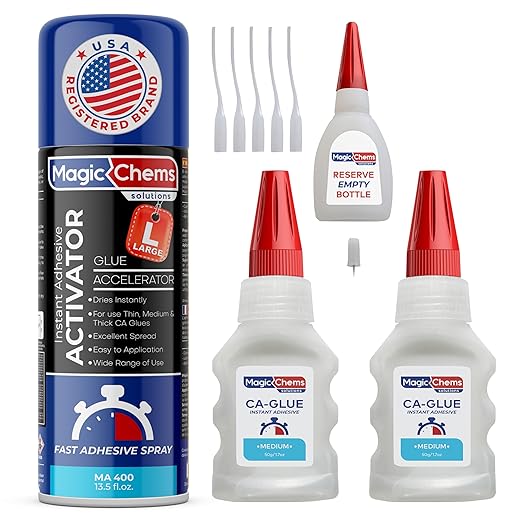 Magic Chems CA Glue with Activator (2 x 1.7 oz + 13.5 fl oz Activator), Cyanoacrylate Adhesive for 3D Printing & Acrylic, Strong Bond Super Glue Accelerator Set (1 Pack)
