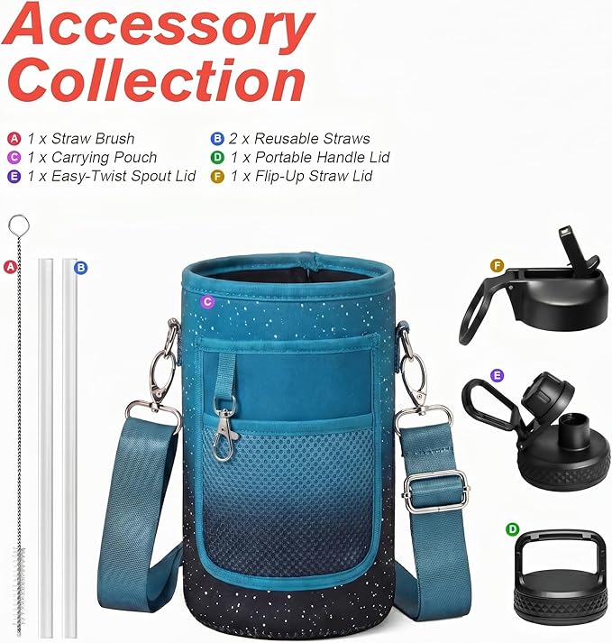 Coolflask 64 oz Water Bottle Insulated with Straw&3 Lids, Half Gallon Water Jug Galaxy Large Metal Stainless Steel Vacuum Flask for Gym, Sports and Travel, Keep Cold 48H Hot 24H,Turquoise