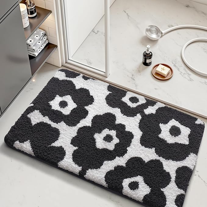 LUMI Bathroom Rugs Cute Floral Design, Soft Absorbent Microfiber Bath Mat Non-Slip, Machine Washable Quick Dry Luxury Rug Flower Black and White for Floor, Bathtub, Home Decor, 20"x32"